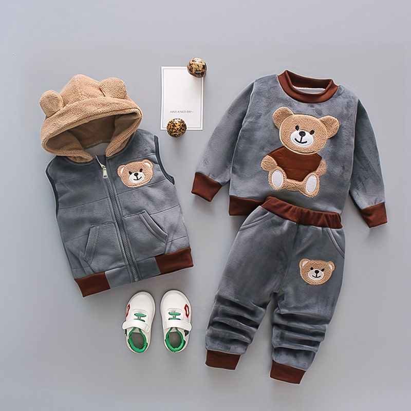 Toddler Boy 3pcs Bear Emboridered Vest And Sweatshirt And Pants Set/ Boots