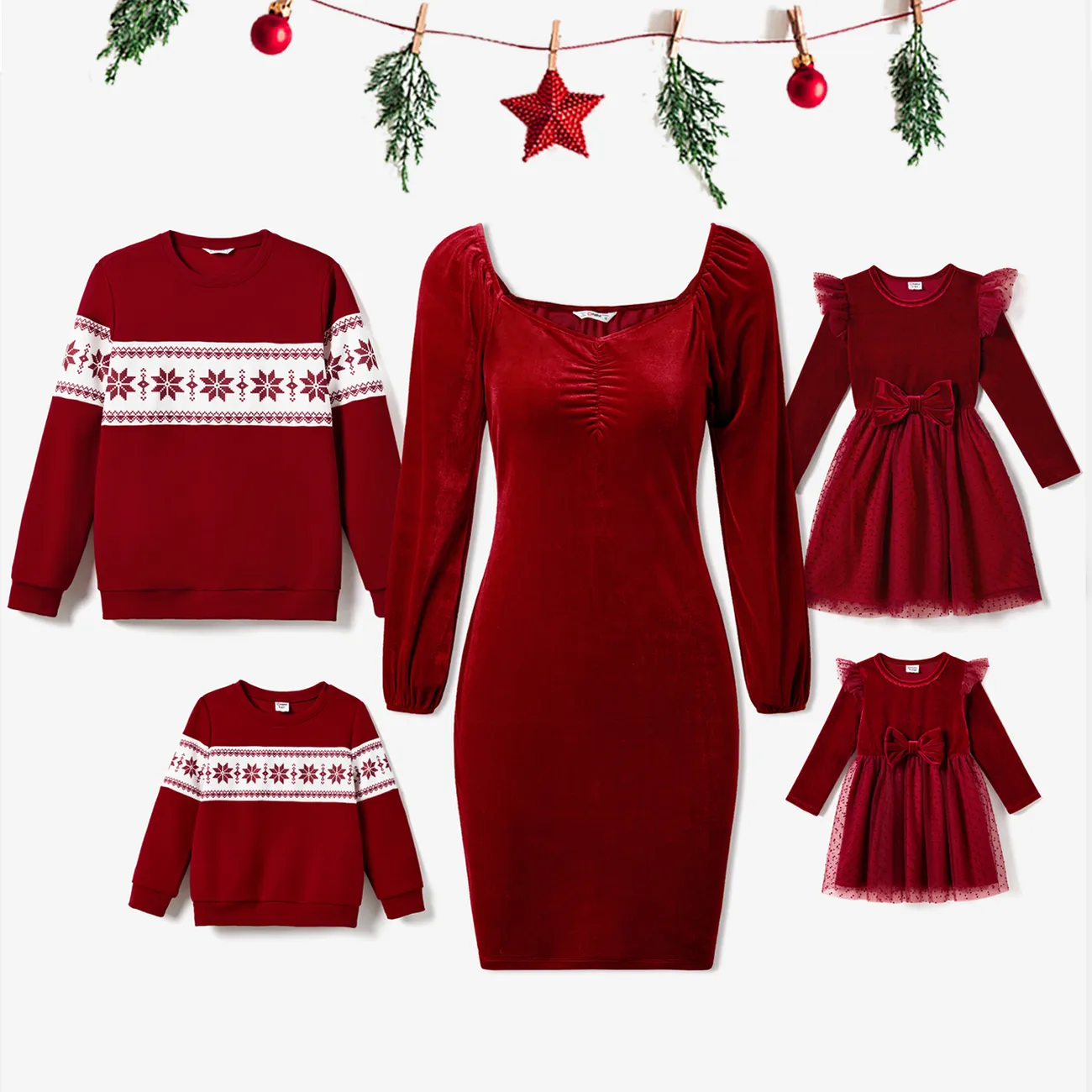 Christmas Family Matching Long Sleeve Color-block Tops & Velvet Dresses Sets  big image 1
