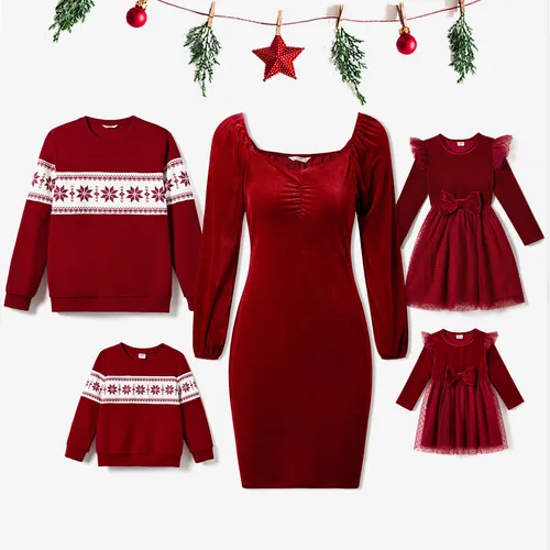 Christmas Family Matching Long Sleeve Color-block Tops & Velvet Dresses Sets