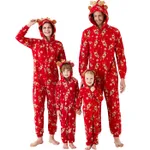 Christmas Family Matching Allover Deer Print 3D Antler Hooded Long-sleeve Red Thickened Polar Fleece Onesies Pajamas (Flame Resistant)  image 2