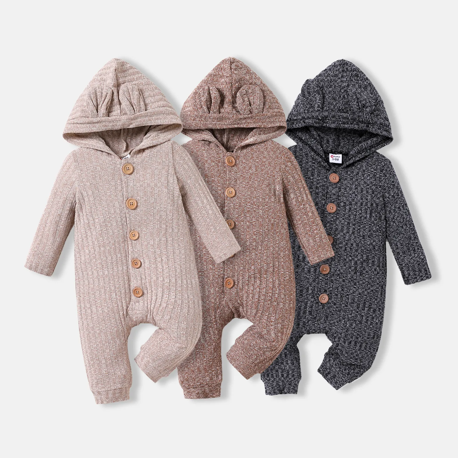 Baby Boy/Girl Heathered Ribbed Long-sleeve 3D Ears Hooded Button Down Jumpsuit