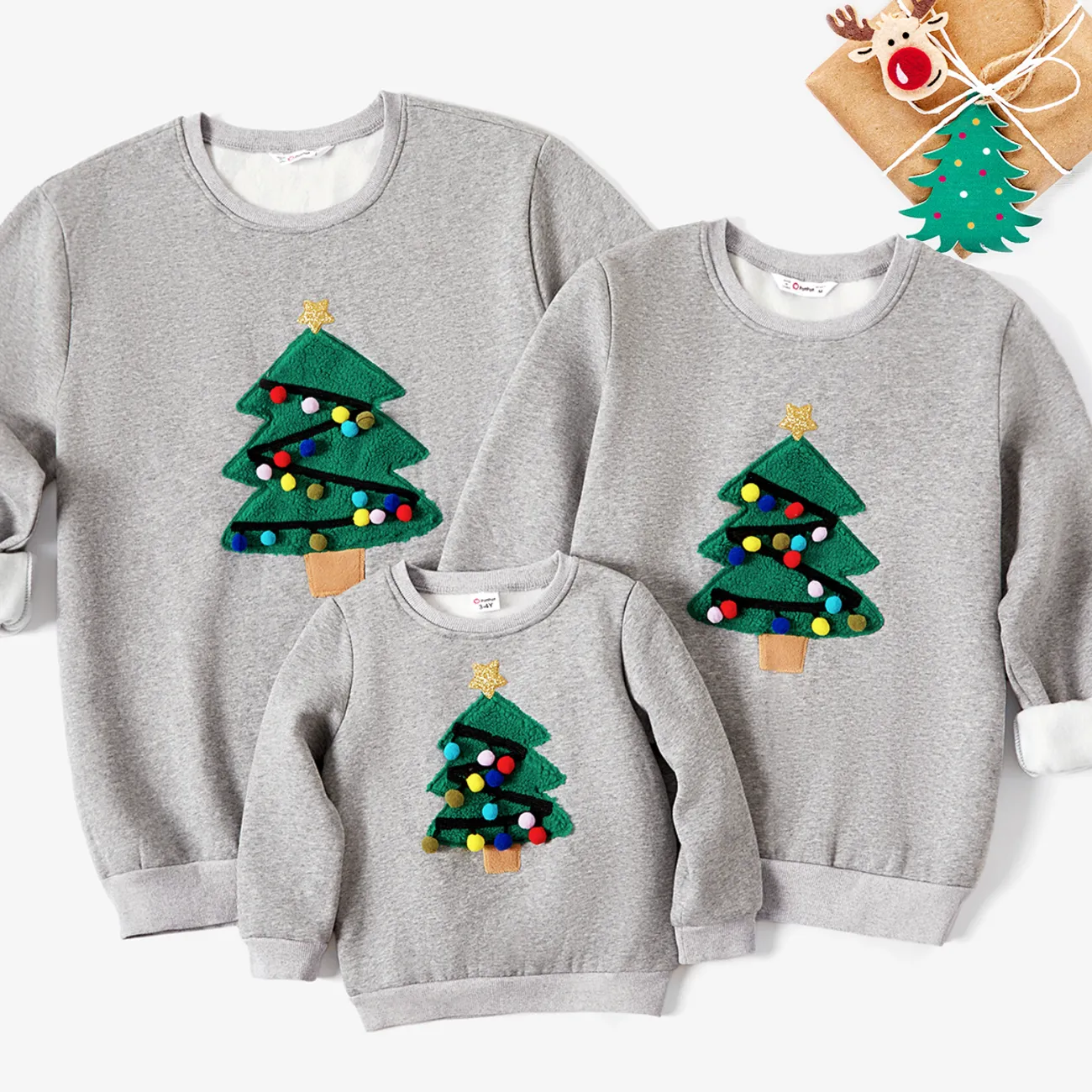 Christmas Family Matching Casual Tree Embroidered Long Sleeve Fleece Tops WARMGREY big image 1