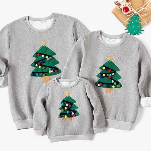 Christmas Family Matching Casual Tree Embroidered Long Sleeve Fleece Tops