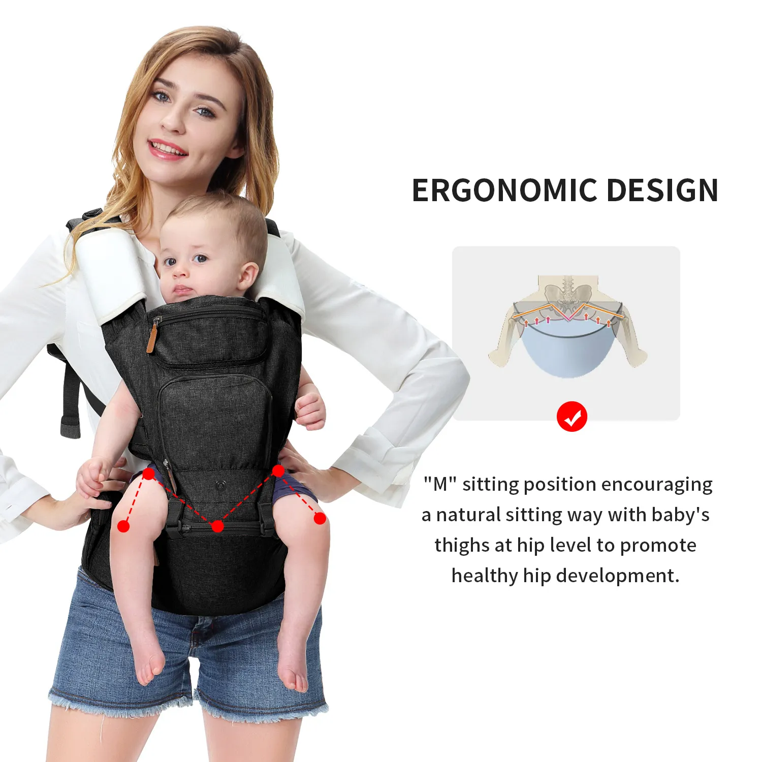Four Seasons Multi-Functional Breathable Baby Waist Stool Carrier Backpack with Shoulder Straps Black image 3