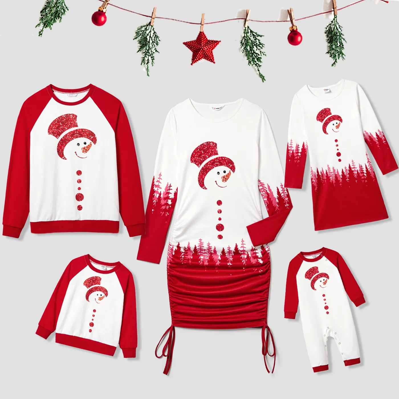 Christmas Family Matching Glitter Snowman Print Long-sleeve Tops and Dresses Sets Red image 2