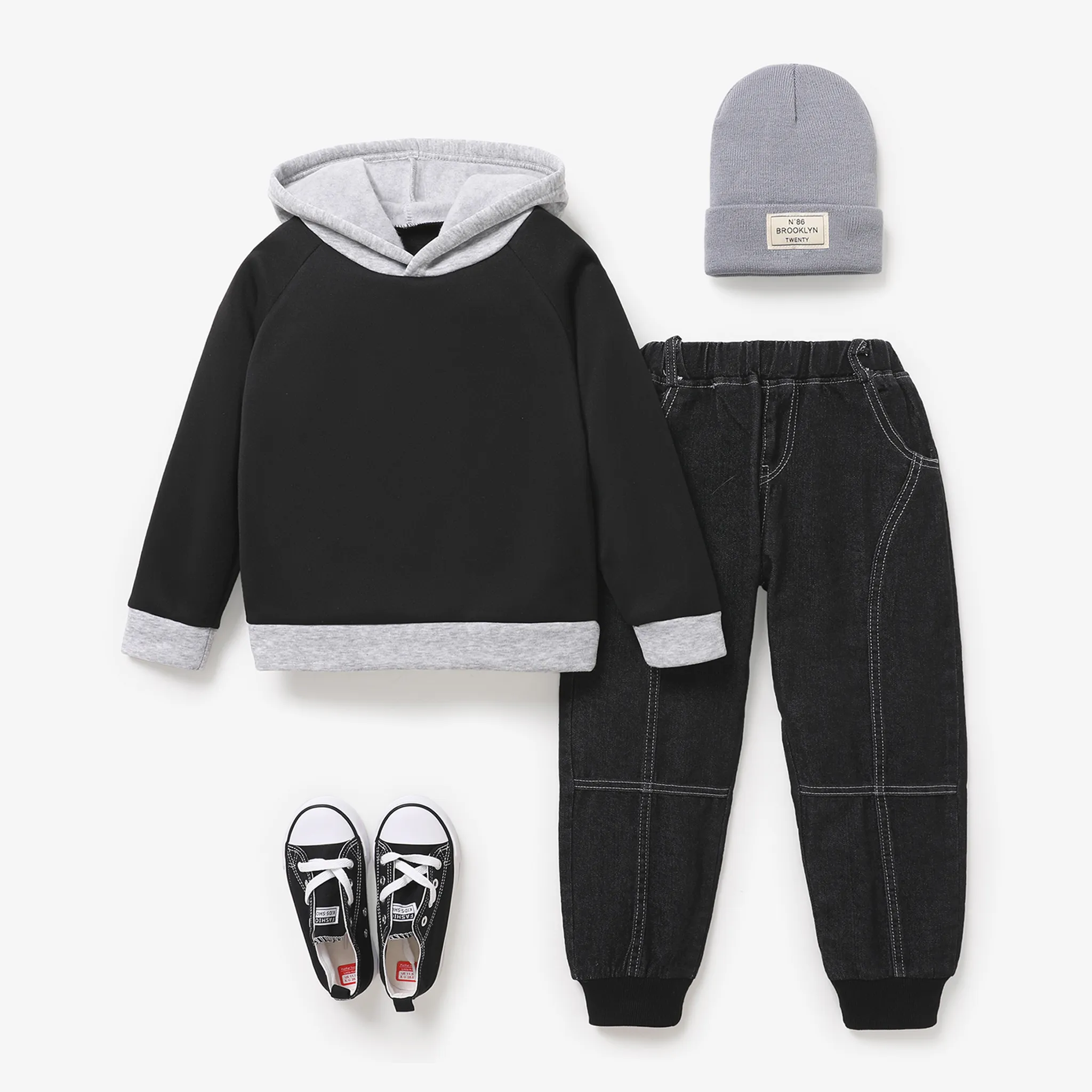 2pcs Toddler Boy Color-blocked Hoodie/Jeans/Shoes/Hat