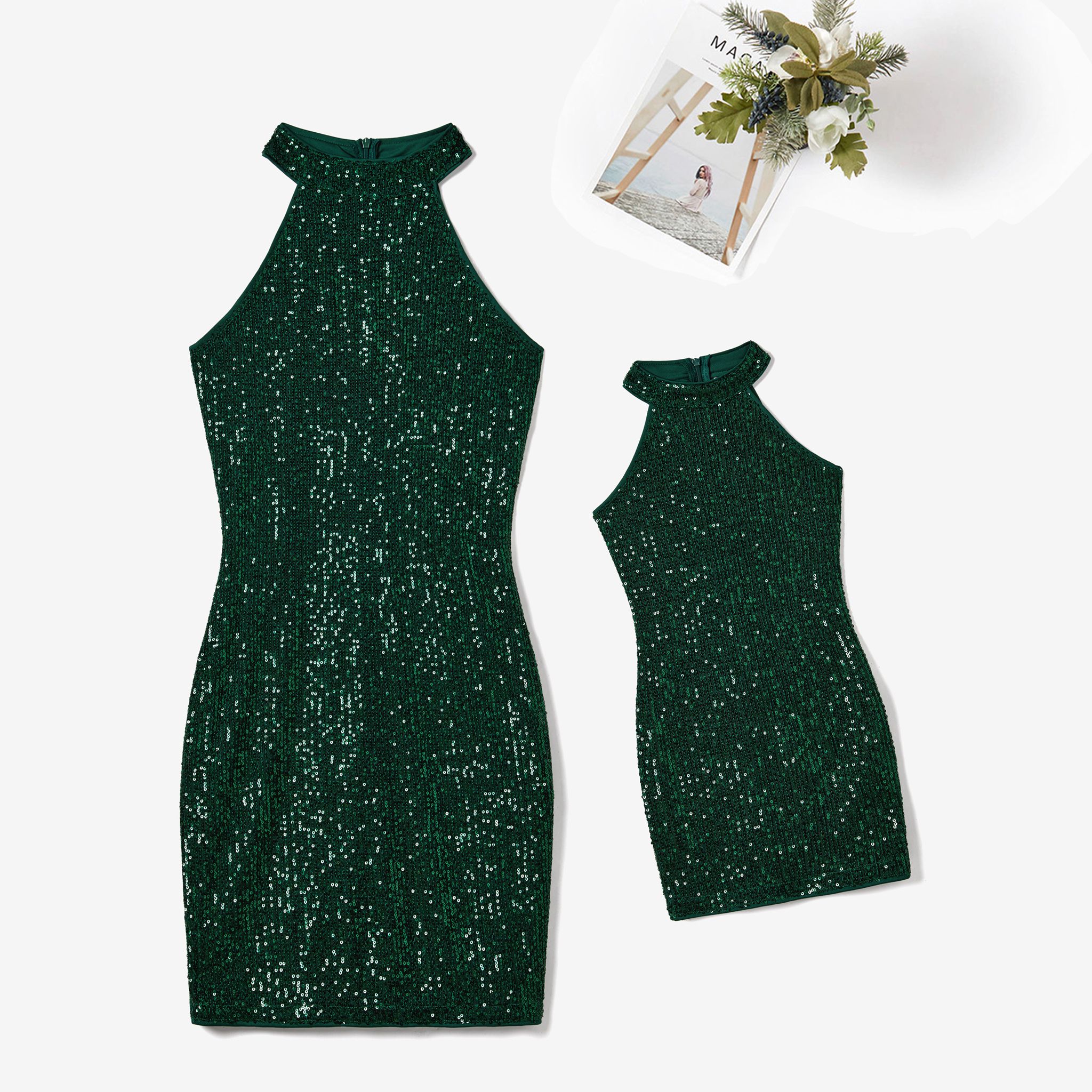 

Mommy and Me Elegant Green Glittery Sequins Zipper Design Sleeveless Halter Dresses