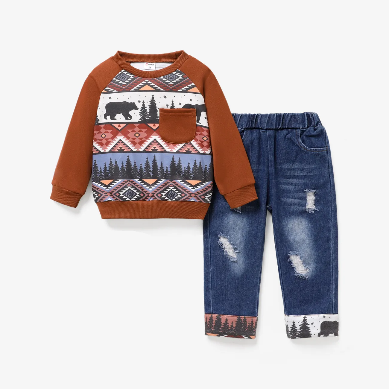Toddler Boy 2pcs Ethnic Geometry Print Sweatshirt and Denim Ripped Jeans Set Coffee big image 1