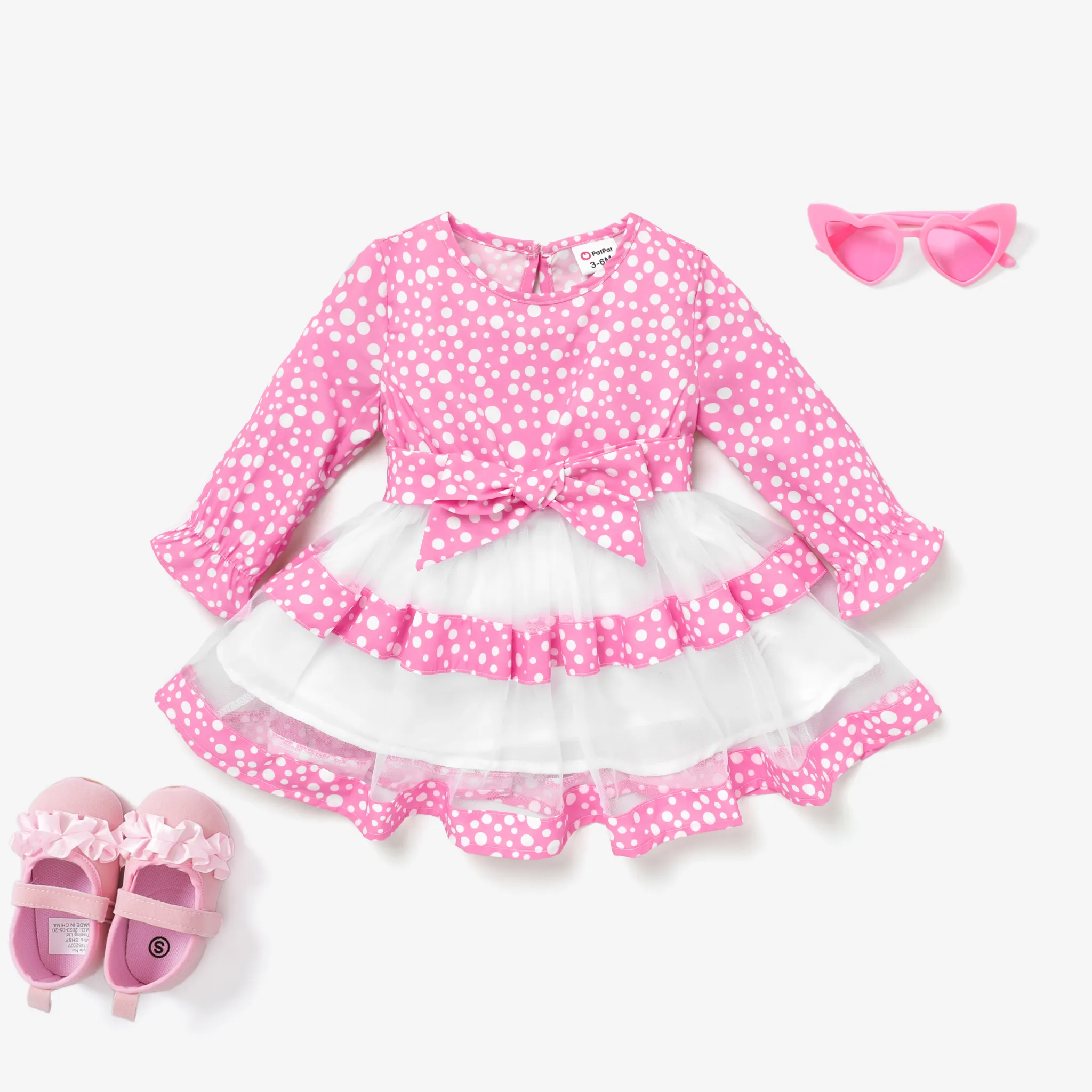 2pcs Baby Girls Sweet Polka Dot Dress Multi-Layered Mesh Dress With Belt
