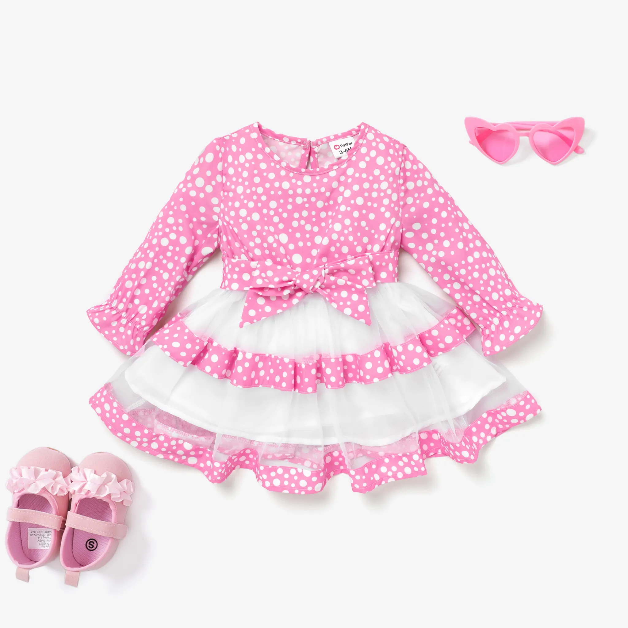 2pcs Baby Girls Sweet Polka Dot Dress Multi-Layered Mesh Dress with Belt