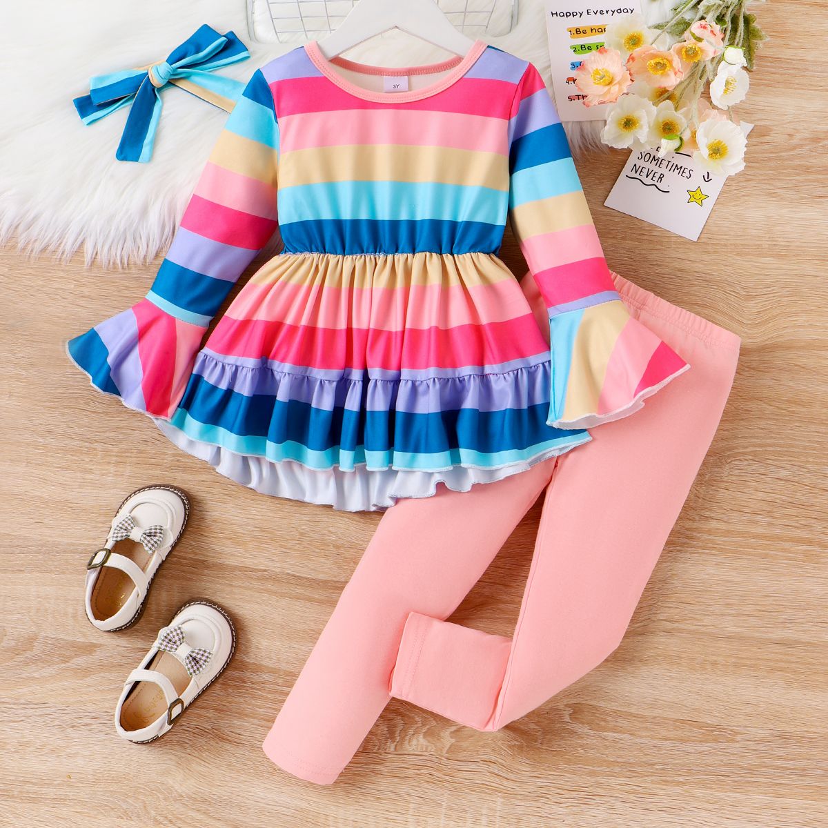 3pcs Toddler Girl's Rainbow Stripe Ruffle Edge Sleeve Shirt And Leggings Set With Headband
