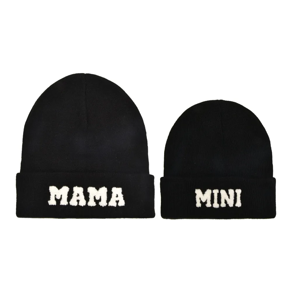Letter embroidery windproof warm knitted wool cap for Mommy and Me Black big image 1