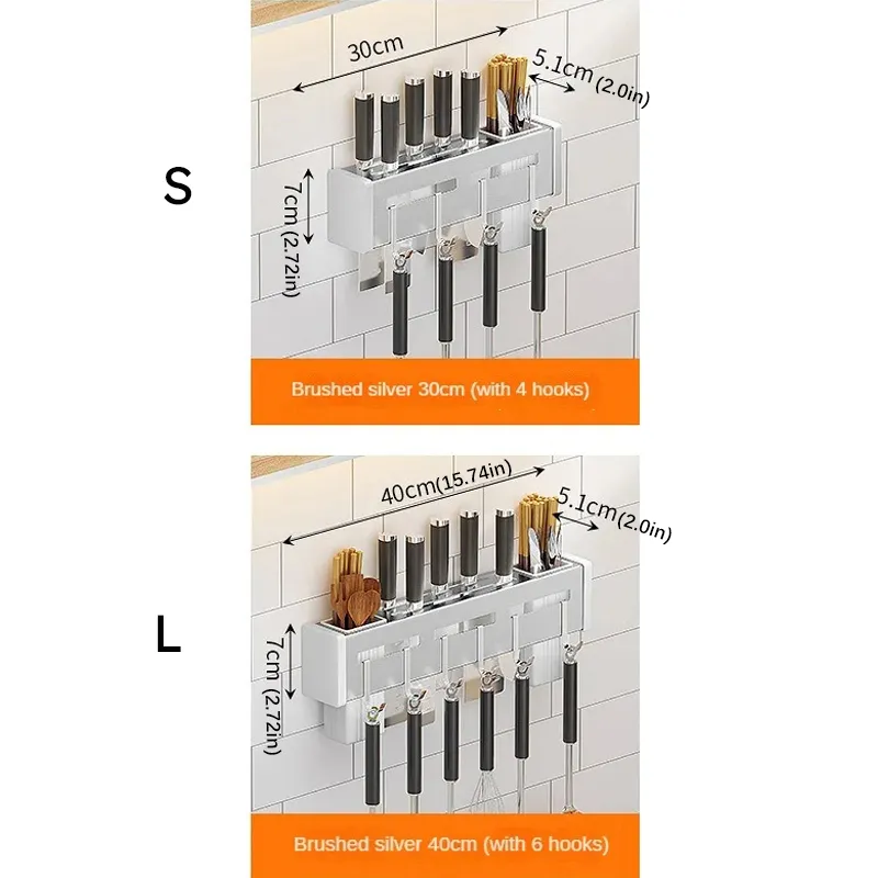 Stainless Steel Wall-Mounted Knife Rack with No Drilling Required Silver