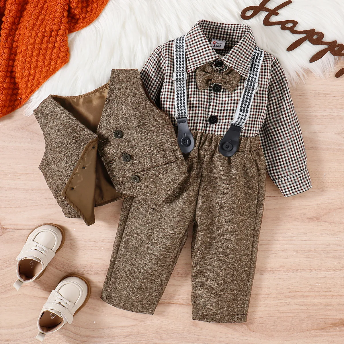 3PCS Baby Boy Elegant Grid/Houndstooth Shirt Collar Long Sleeve Set Brown big image 1