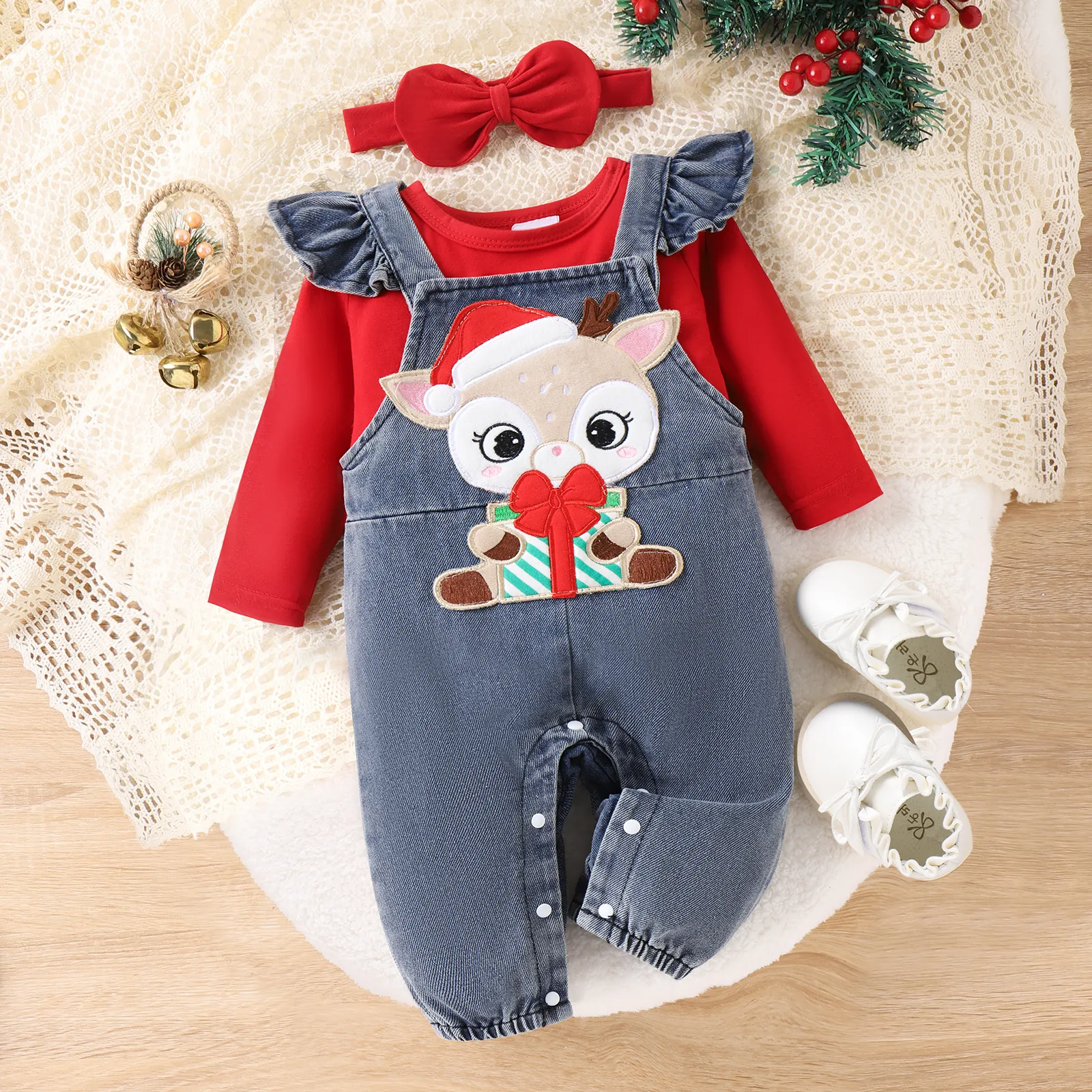 Christmas Deer Jeans Denim Set for Baby Girl with Ruffle Edge  big image 1