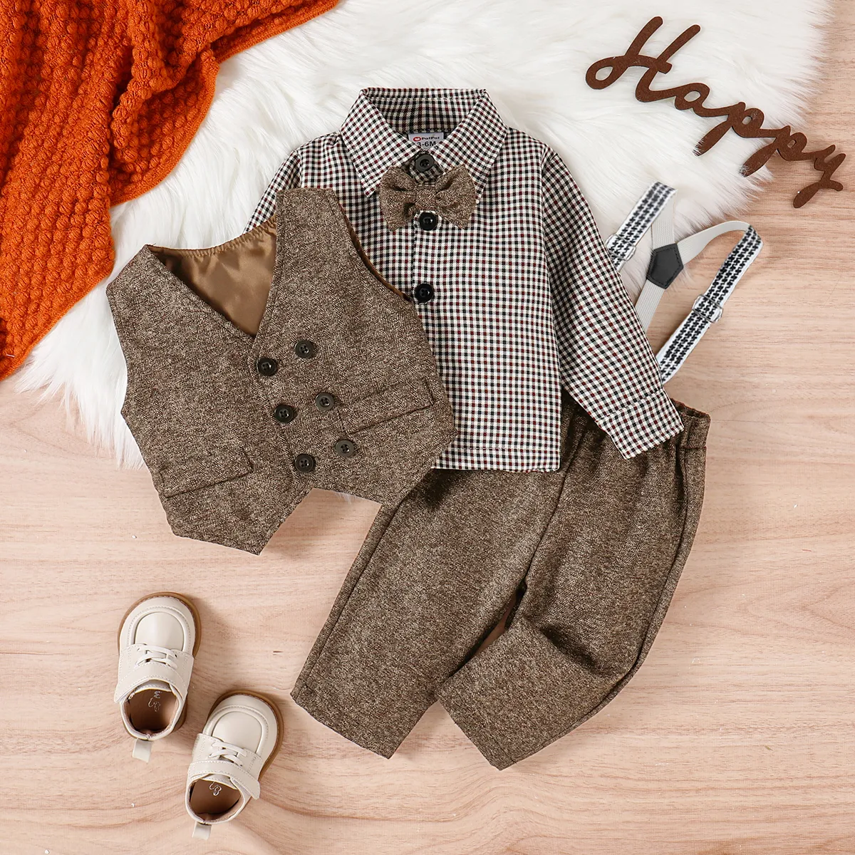 3PCS Baby Boy Elegant Grid/Houndstooth Shirt Collar Long Sleeve Set Brown image 4