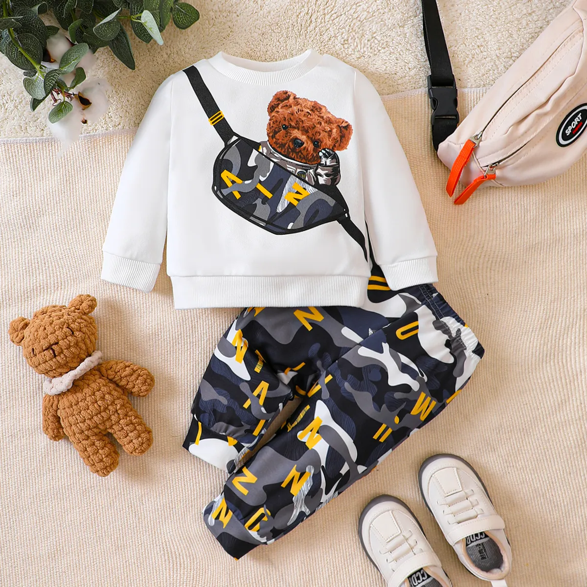 2pcs Baby Boy Bear & Camouflage Pattern Long Sleeve Set