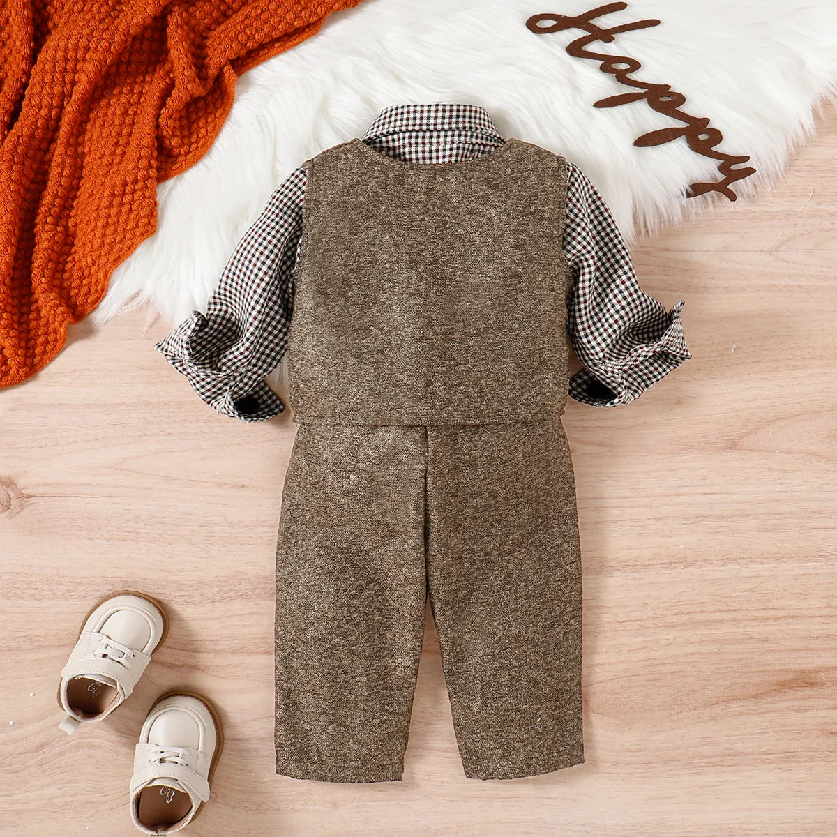 3PCS Baby Boy Elegant Grid/Houndstooth Shirt Collar Long Sleeve Set Brown image 6