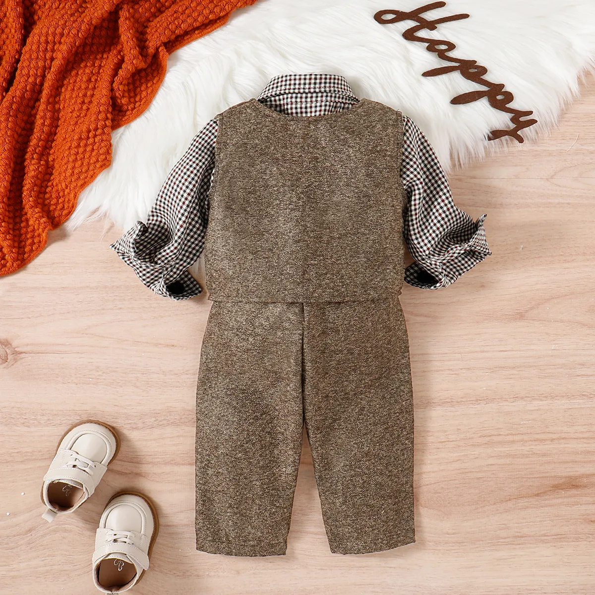 3PCS Baby Boy Elegant Grid/Houndstooth Shirt Collar Long Sleeve Set Brown big image 1