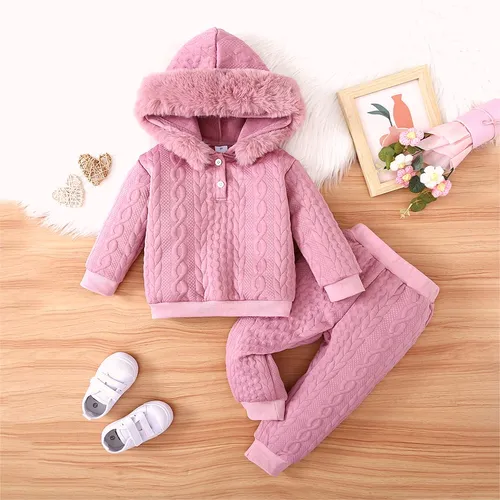 2pcs Toddler Girl Solid Color Textured material Big Fuzzy Hooded Set