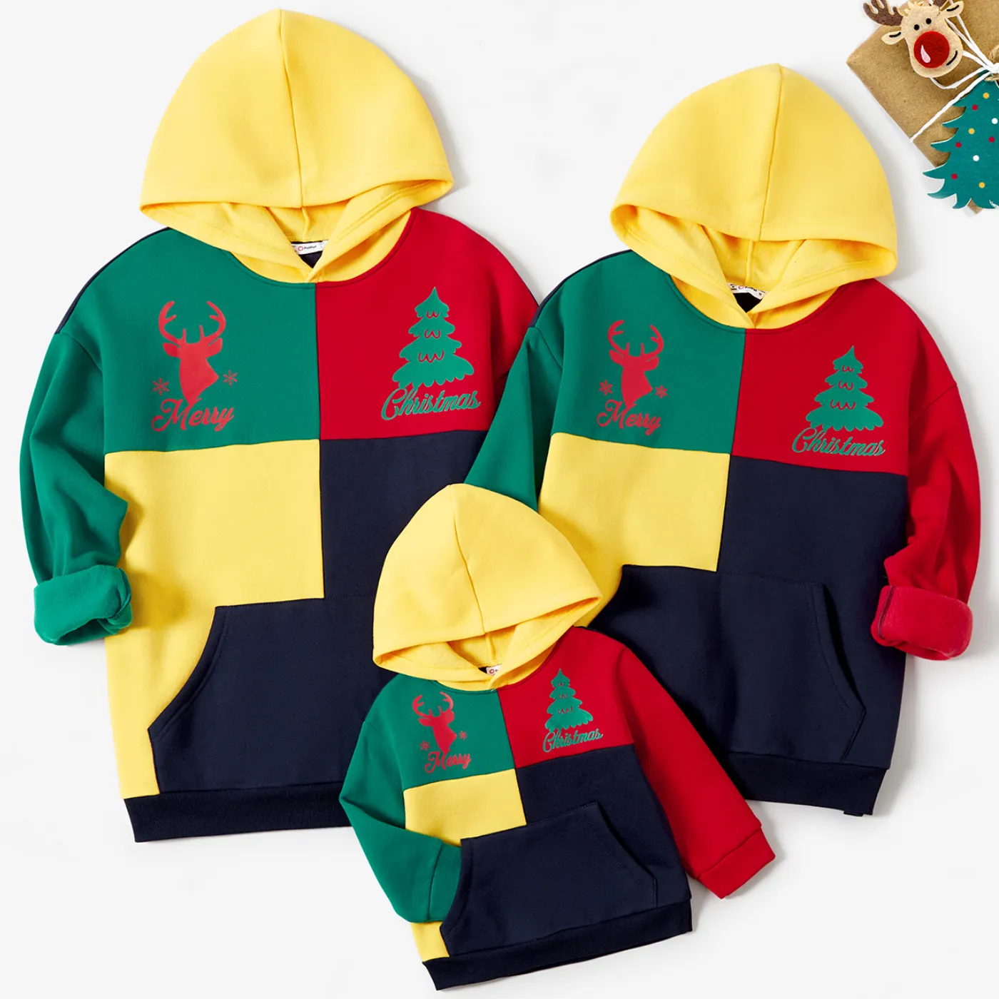 Christmas Family Matching Color-block Reindeer & Tree Print Long Sleeve Hooded Fleece-lining Sweatshirts