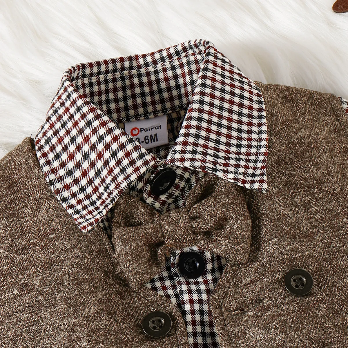 3PCS Baby Boy Elegant Grid/Houndstooth Shirt Collar Long Sleeve Set Brown image 2