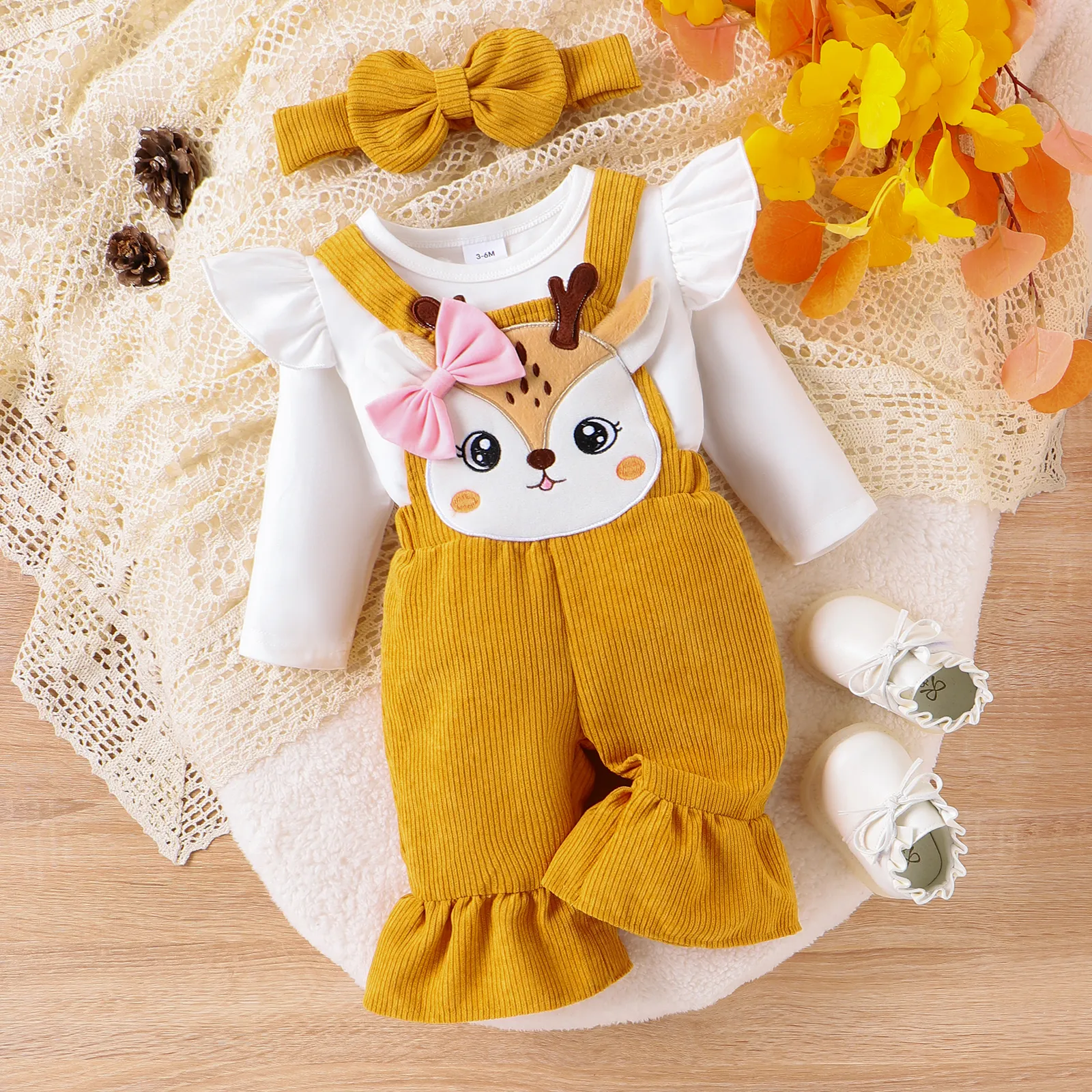 3pcs Baby Girl Flutter Sleeve Tshirt and 3D Deer Animal pattern 
 Corduroy Romper Sets with Headband