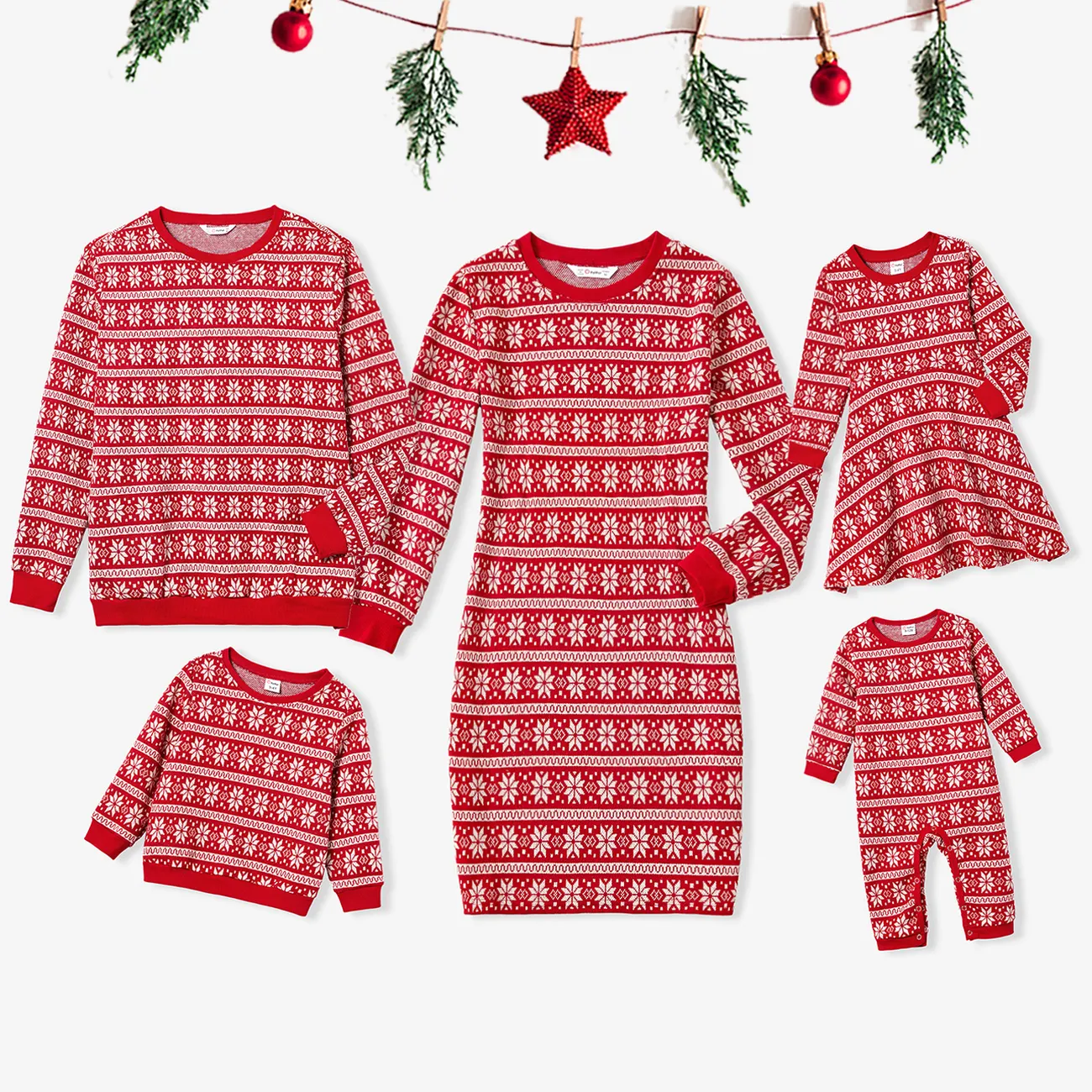Christmas Family Matching Snowflake Print Cotton Long Sleeve Knit Tops and Dresses Sets Red big image 1