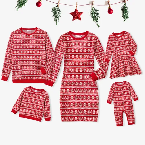 Christmas Family Matching Snowflake Print Cotton Long Sleeve Knit Tops and Dresses Sets