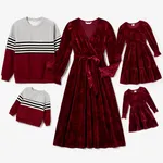 Family Matching Long-sleeve Color-block Stripe Tops and Flora Print Velvet Dresses Sets Burgundy image 2