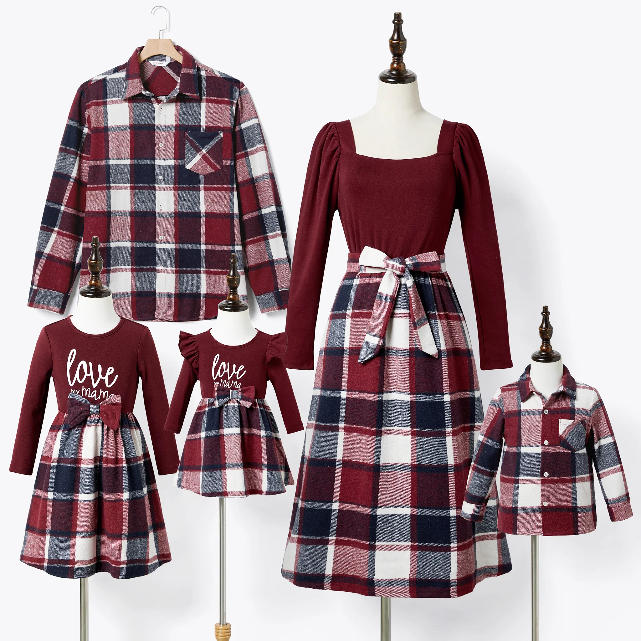 Family Matching Casual Long Sleeve Plaid Design Shirts and Knit Splicing Belted Dresses Sets WineRed image 2