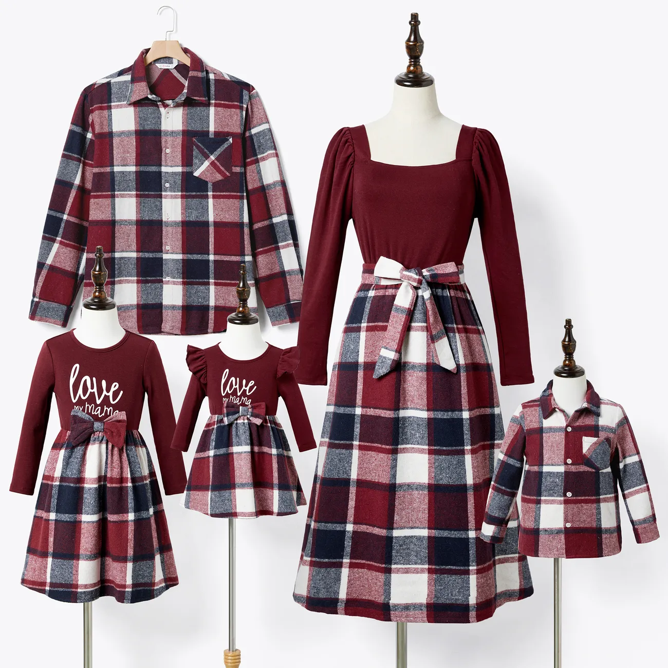 Family Matching Casual Long Sleeve Plaid Design Shirts and Knit Splicing Belted Dresses Sets WineRed big image 1