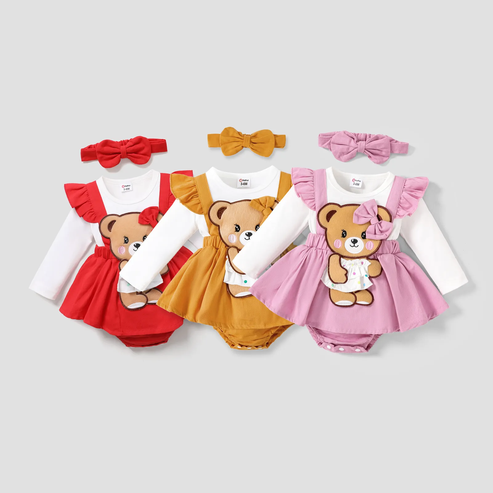 2pcs Baby Girl 100% Cotton Bear Graphic Ruffle Trim Long-sleeve Faux-two Romper & Headband Set