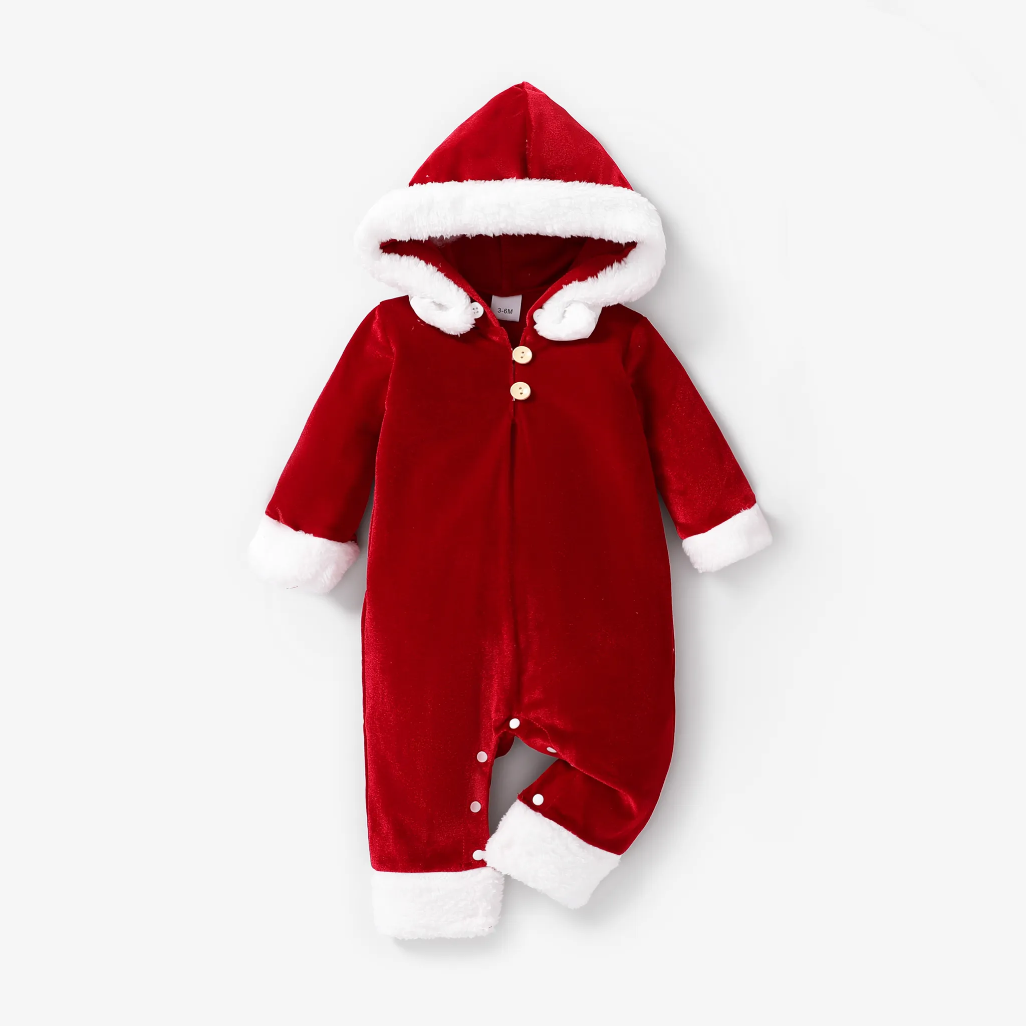 Baby Girl Solid Removable Fur Brim Plush Jumpsuit Red big image 1