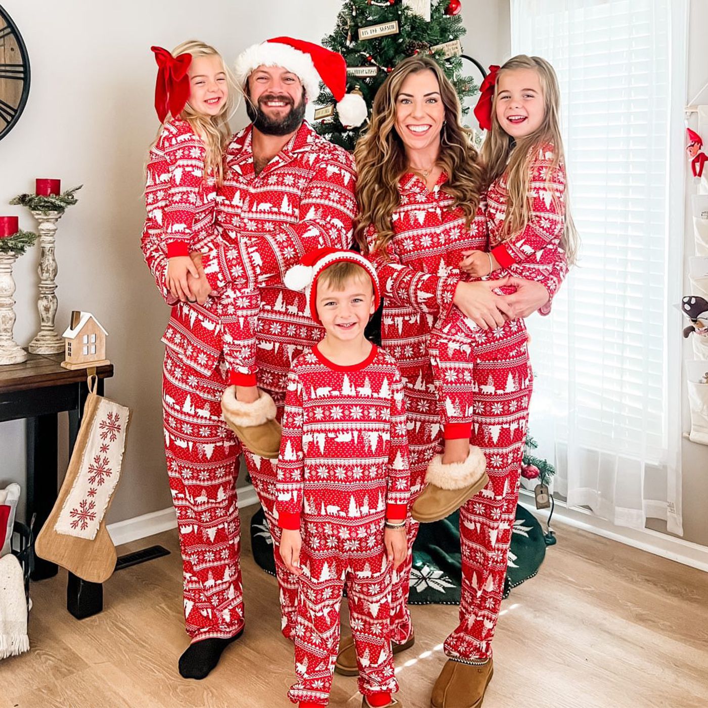 Christmas Tree & Bear Print Notched Collar Button-down Shirt And Pants Family Matching Pajamas Sets (Flame Resistant)