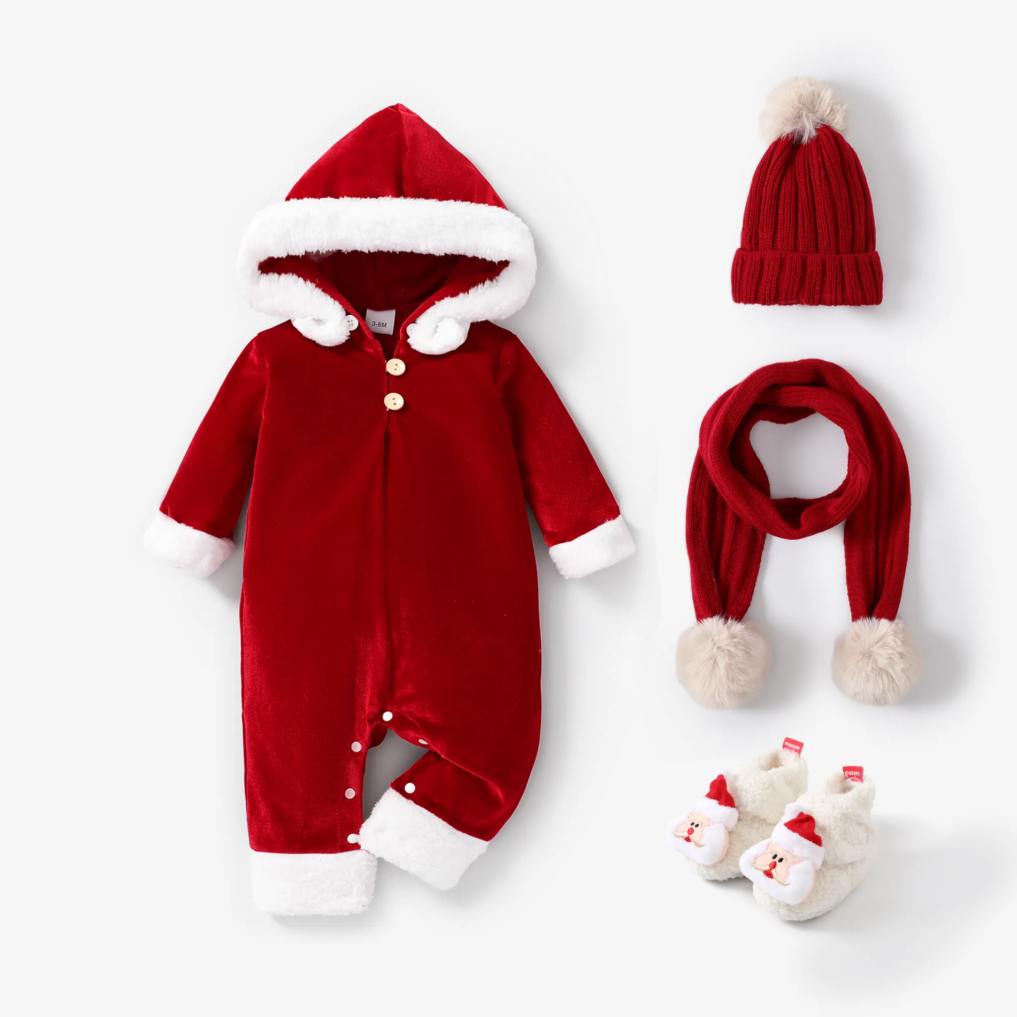 Baby Girl Solid Removable Fur Brim Plush Jumpsuit Red image 2