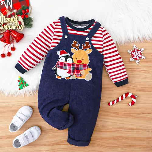 2pcs Toddler Girl/Boy Childlike Christmas Pattern Red and White Striped Set