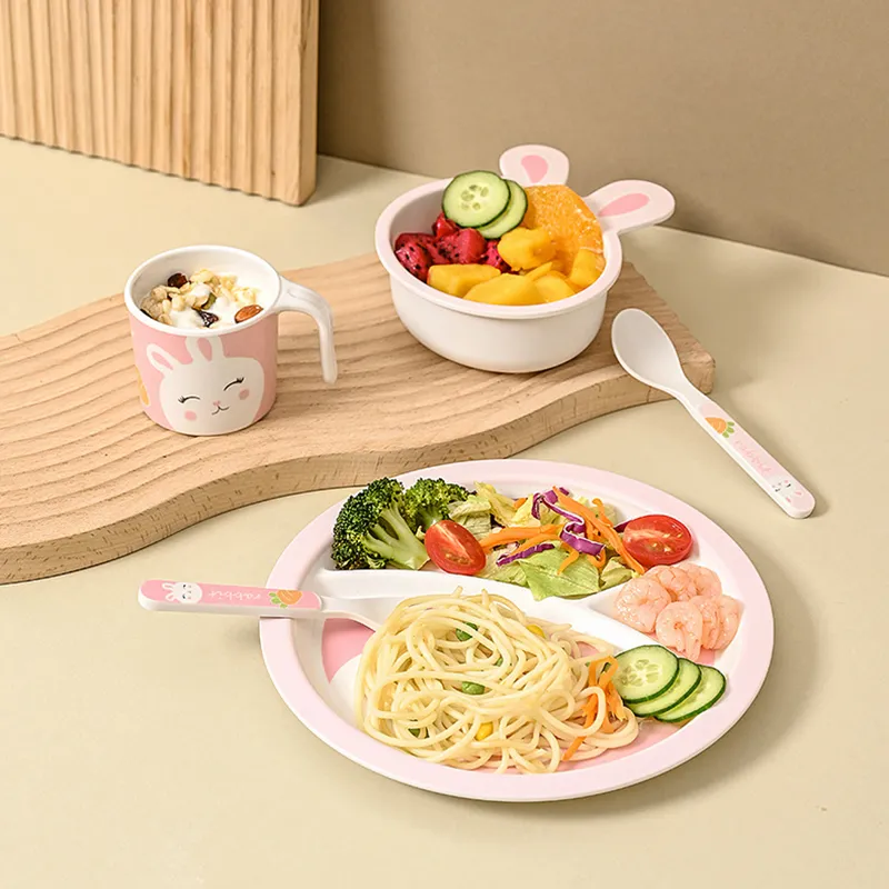 Bamboo Fiber Kids Tableware Set - 5-Piece Gift Box With Plate, Bowl, Cup, Spoon, And Fork