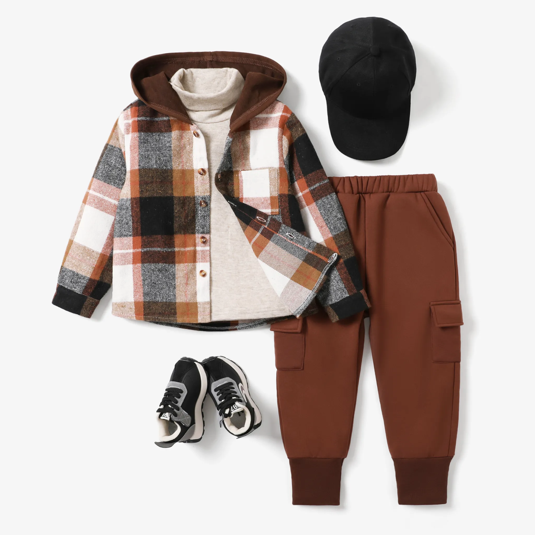 Toddler/Kid Boy Solid and Plaid Hoodie/Shoes/Sweater/Pants/Hat Brown image 2