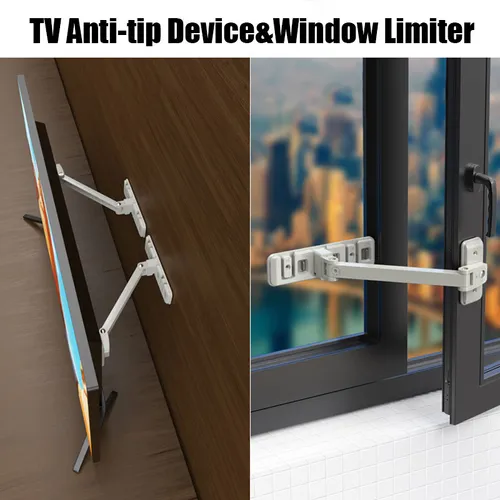 Anti-toppling TV/monitor and door/window safety lock with fixed bracket and limiters