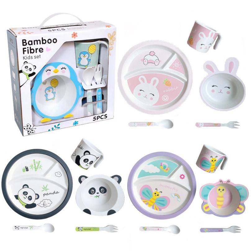 竹纖維兒童餐具套裝 - 5 件套禮盒，包括盤子、碗、杯子、勺子和叉子