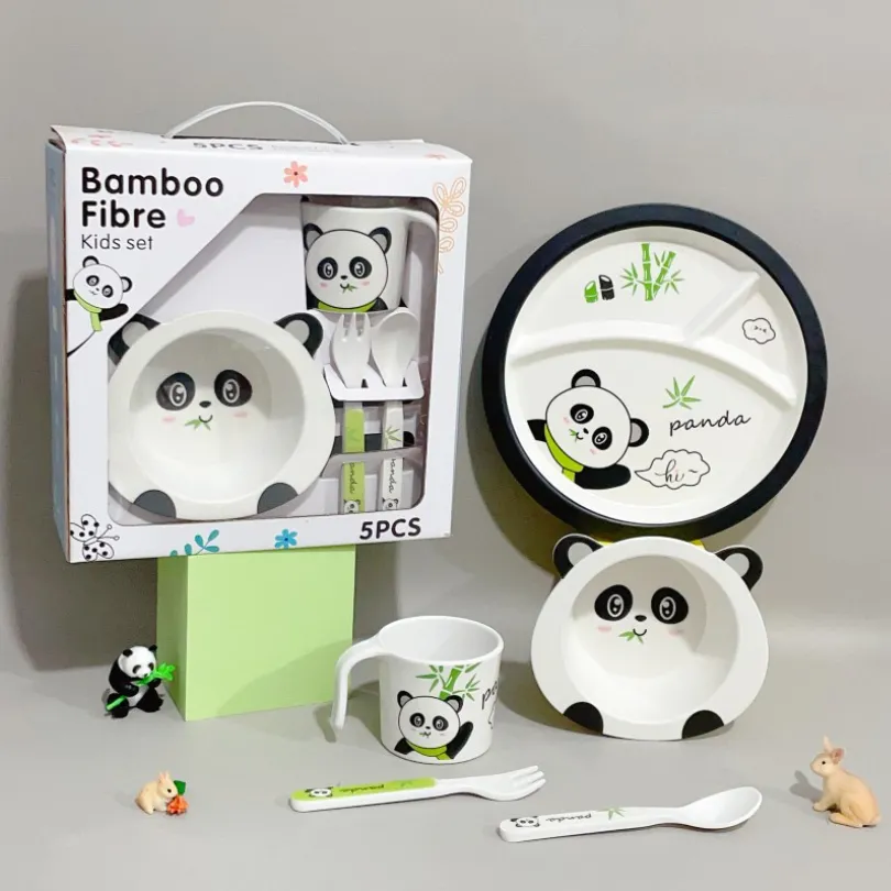 Juego de vajilla para niños de fibra de bambú - Caja de regalo de 5 piezas con plato, tazón, taza, cuchara y tenedor Negro big image 1