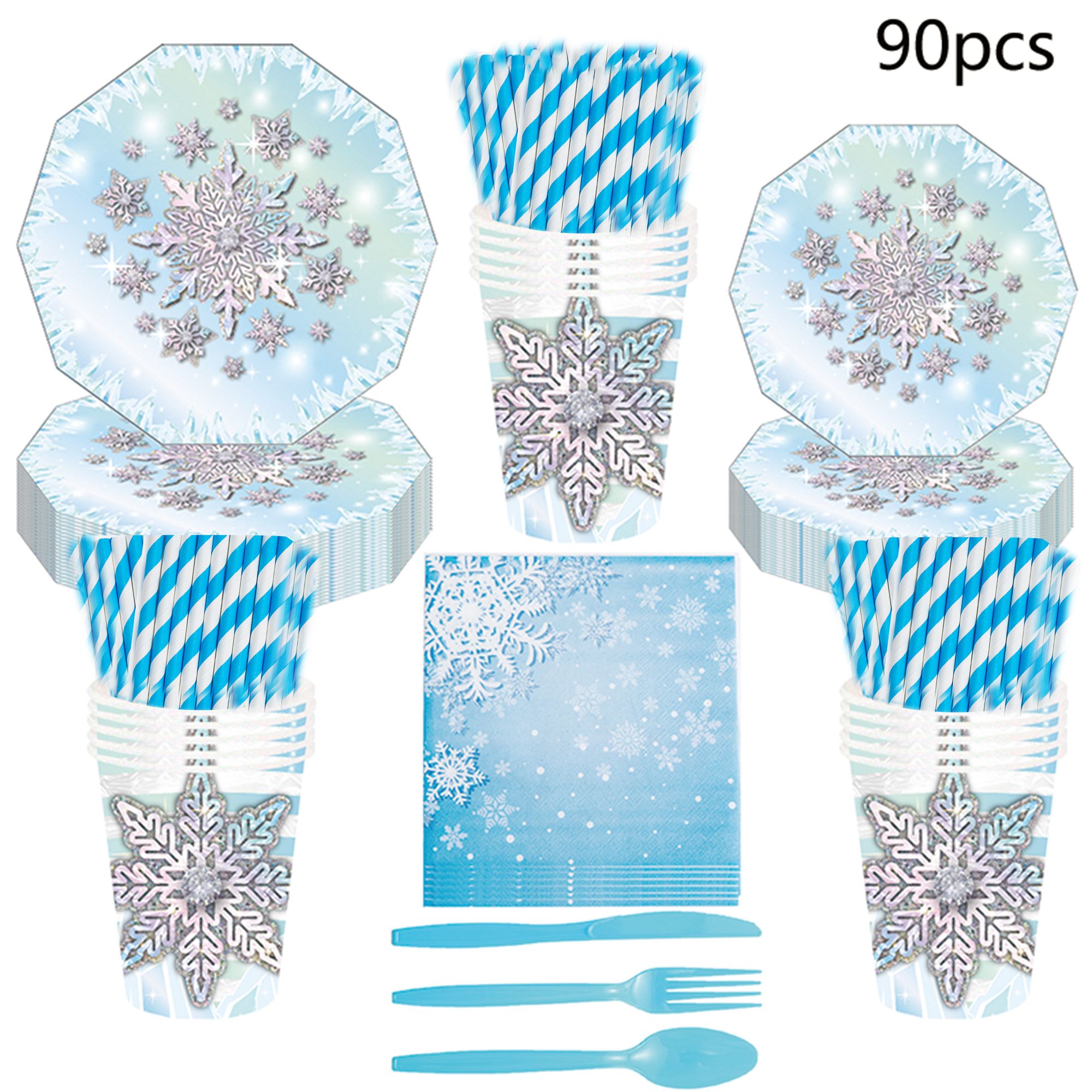 Snowflake Themed Birthday Party Decoration Set with Snow Castle Paper Plates, Cups, Napkins, and Str