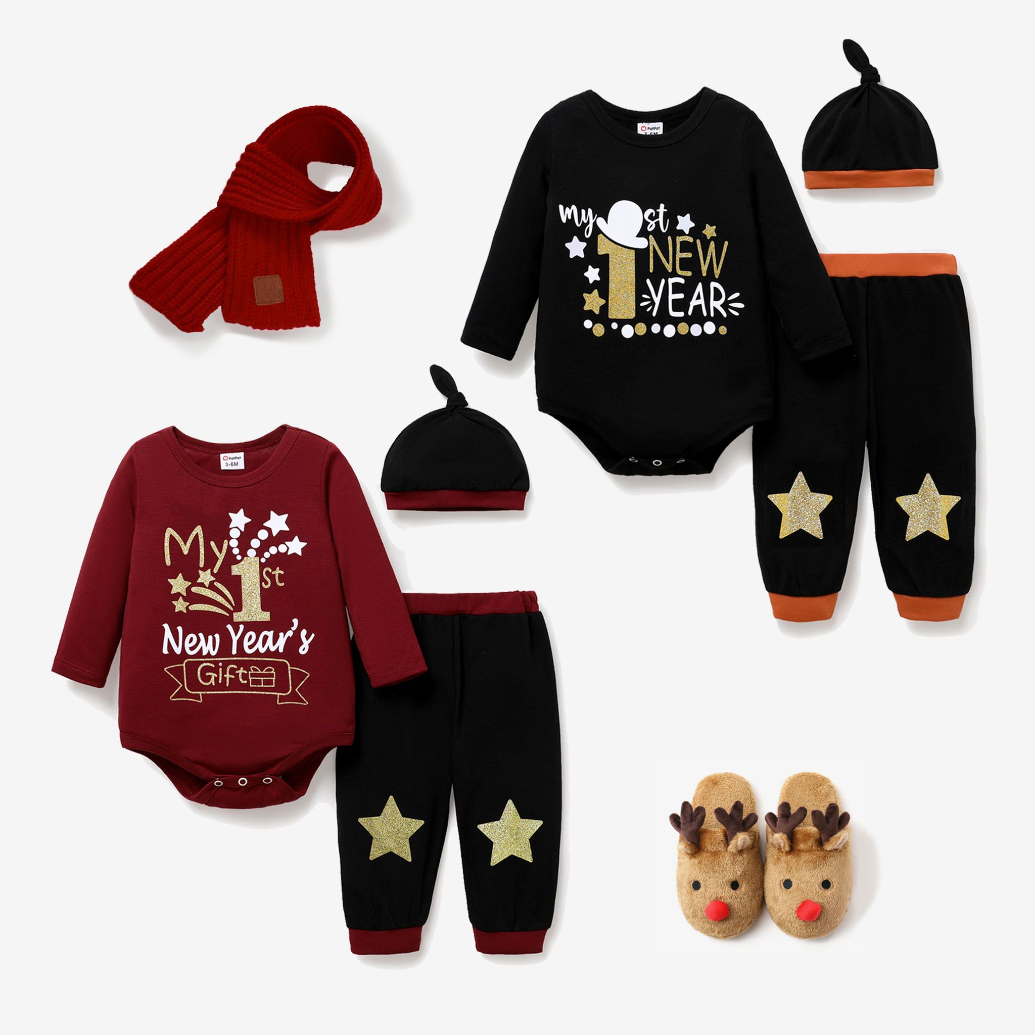 3pcs Baby Girl/Boy Childlike New Year Stars And Gold Lettering Set