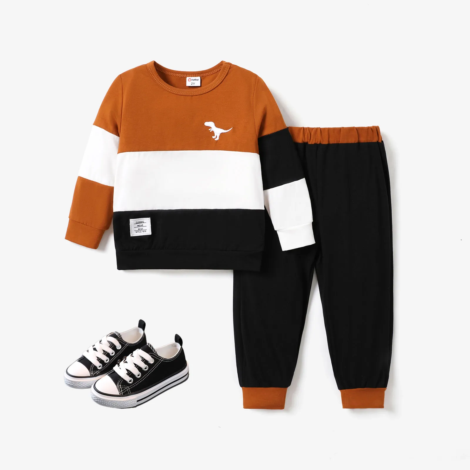 2pcs Toddler Boy Casual Solid Dinosuar Print Fabric Stitching Set