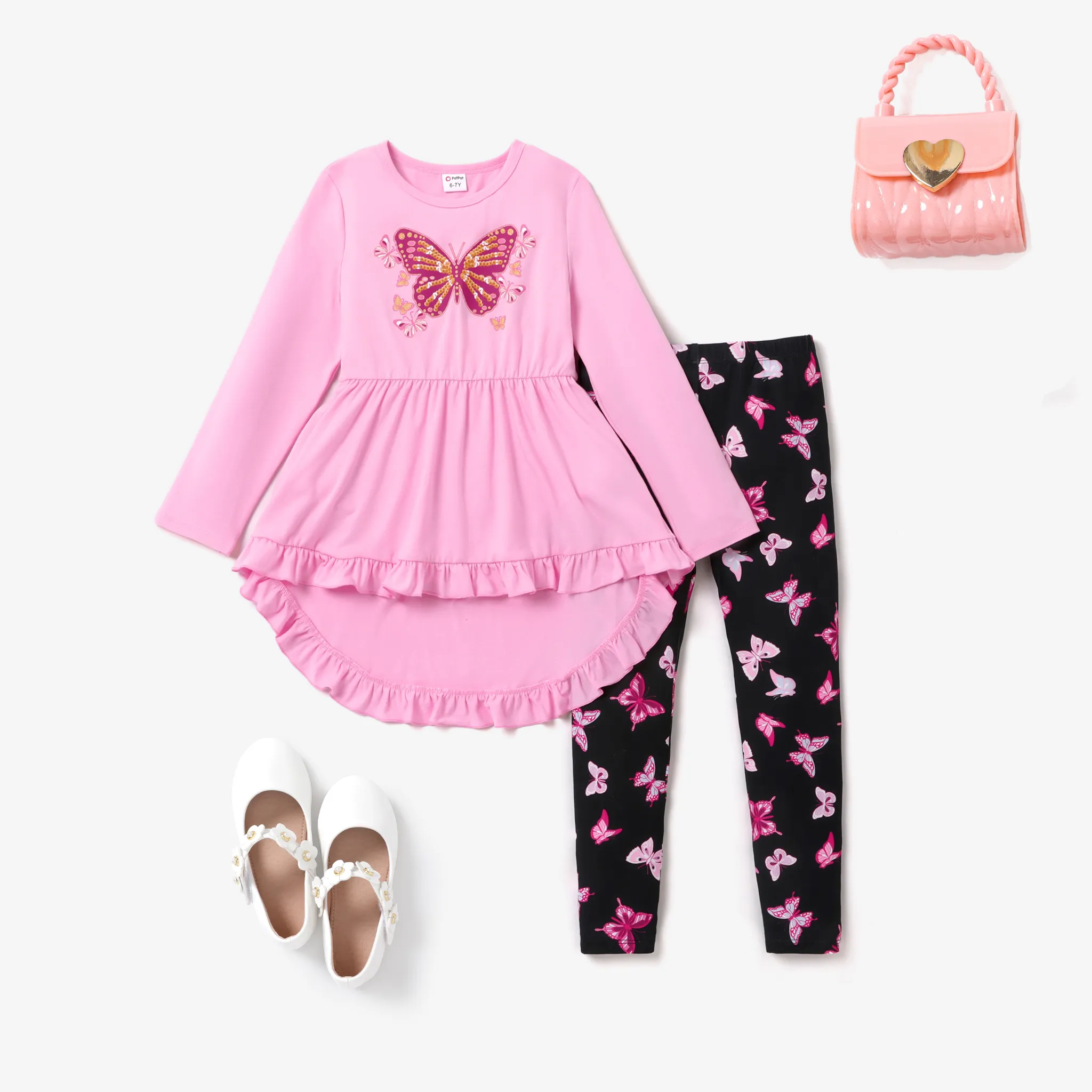 2pcs Kid Girl Sweet Butterfly Animal Pattern Asymmetrical Hemline Tshirt And Leggings Set