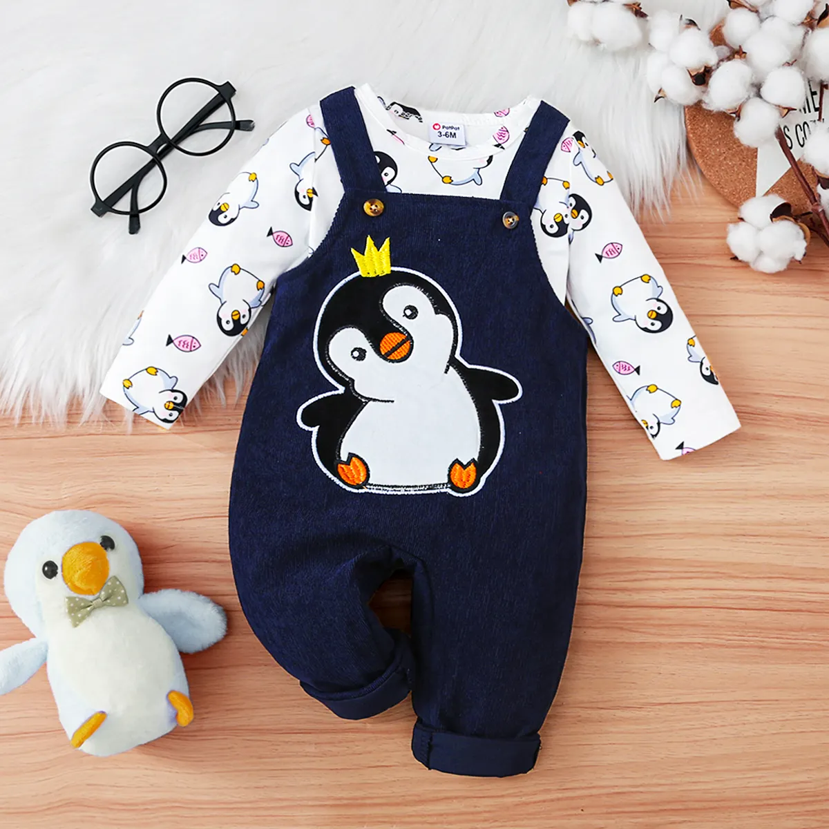 2pcs Baby Girl/Boy Childlike Penguin Print Set Dark Blue/white big image 1