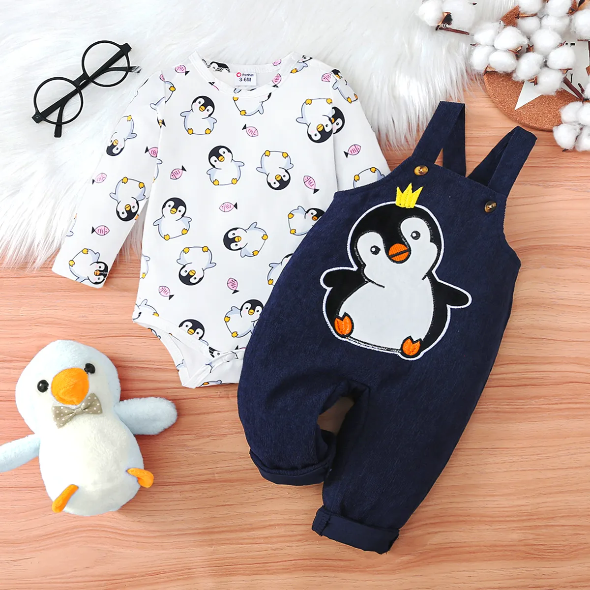 2pcs Baby Girl/Boy Childlike Penguin Print Set Dark Blue/white image 2