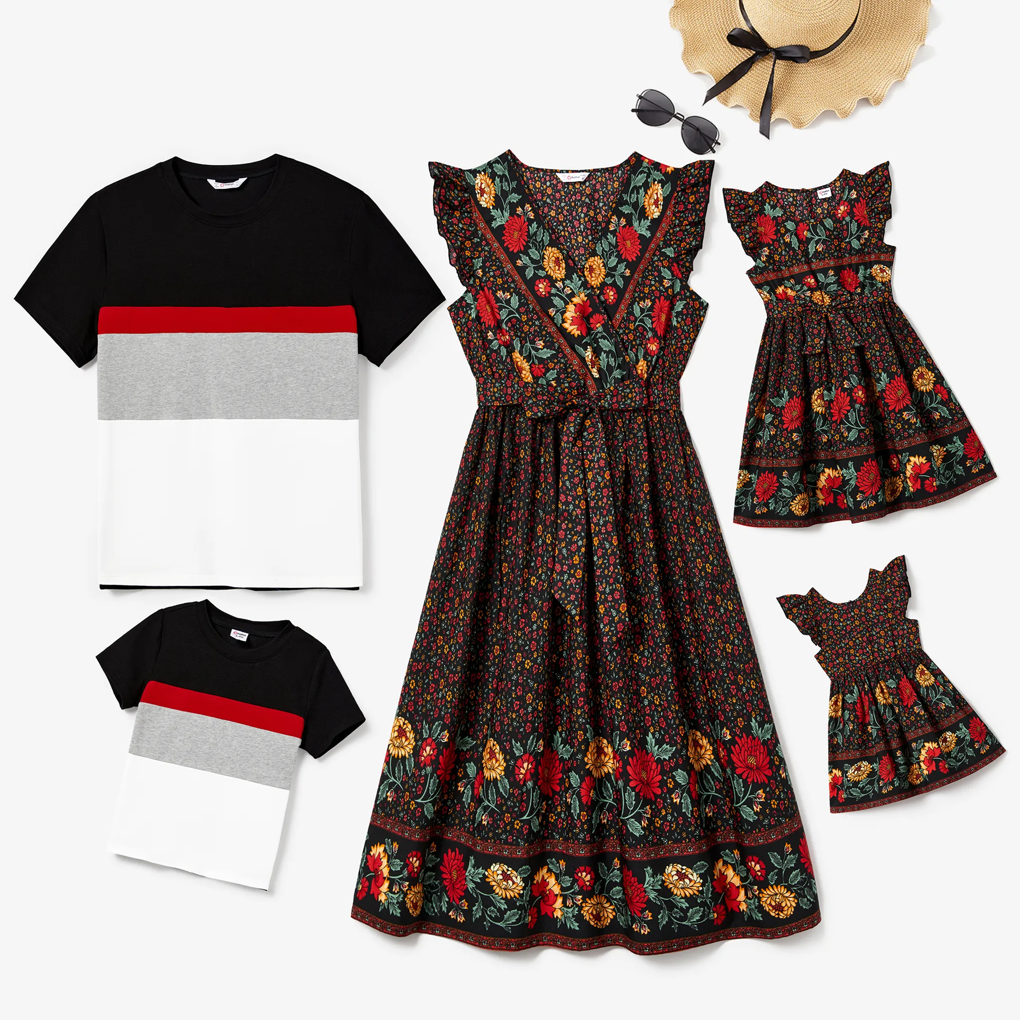 Family Matching Colorblock T-shirt And Floral Wrap Front V-neck Tiered Sleeveless Dress Set