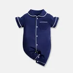 Baby Girl/Boy Solid Cotton Color-block Short Sleeves Lapel Jumpsuit Tibetan blue
